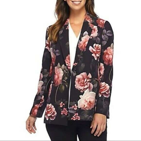 Nine West Black Pink Floral Tailored Blazer Plus Size 14 US